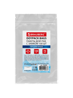 Пакеты дой-пак с замком ZIP LOCK, прозрачные, 120х200 + 40 мм, КОМПЛЕКТ 100 штук, 70 мкм, BRAUBERG, 700696