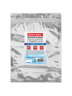 Пакеты дой-пак с замком ZIP LOCK, металлизированная + прозрачная стенка, 180х260 + 40 мм, КОМПЛЕКТ 100 штук, 70 мкм, BRAUBERG, 700686