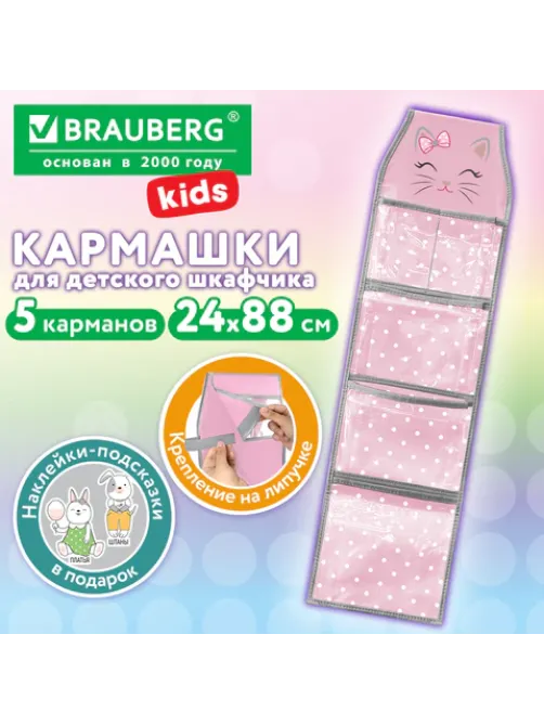 Кармашки-органайзер в шкафчик для детского сада BRAUBERG KIDS, крепление на липучке, наклейки-подсказки, 24х88 см, 