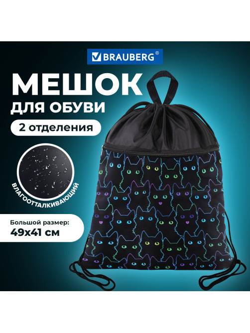Мешок для обуви BRAUBERG БОЛЬШОЙ, с ручкой, карман на молнии, сетка, 49х41 см, 