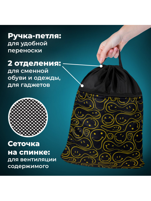 Мешок для обуви BRAUBERG БОЛЬШОЙ, с ручкой, карман на молнии, сетка, 49х41 см, 