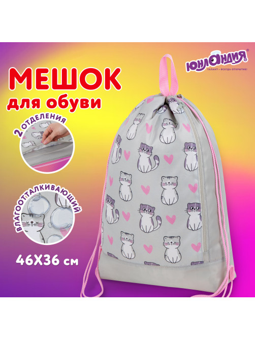 Мешок для обуви ЮНЛАНДИЯ с ручками, боковой карман на молнии, 46х36 см, 