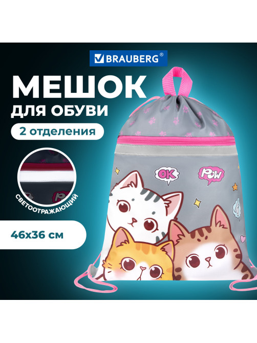 Мешок для обуви BRAUBERG, с петлей, светоотражающая полоса, 2 отделения, 46х36 см, 