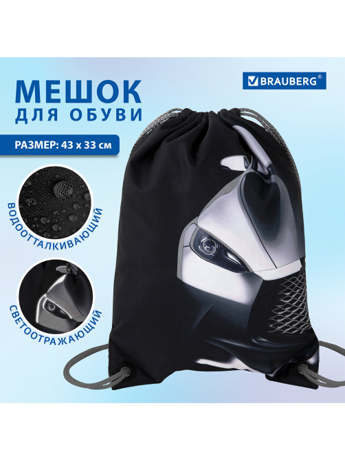 Мешок для обуви BRAUBERG PREMIUM, карман, подкладка, светоотражайка, 43х33 см, 