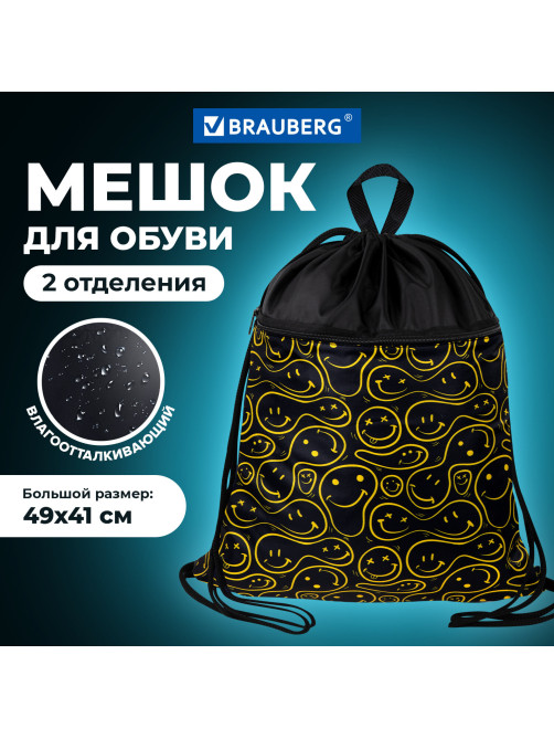 Мешок для обуви BRAUBERG БОЛЬШОЙ, с ручкой, карман на молнии, сетка, 49х41 см, 