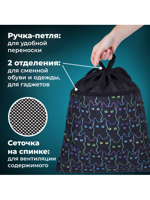 Мешок для обуви BRAUBERG БОЛЬШОЙ, с ручкой, карман на молнии, сетка, 49х41 см, 
