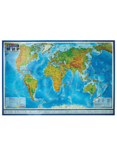 Карта мира физическая 199х134 см, 1:15,5М, с ламинацией, интерактивная, в тубусе, BRAUBERG, 112389