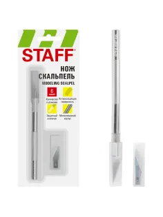 Нож макетный (скальпель) STAFF, 6 лезвий в комплекте, металлический корпус, блистер, 238258