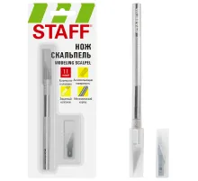 Нож макетный (скальпель) STAFF, 11 лезвий в комплекте, металлический корпус, блистер, 238257