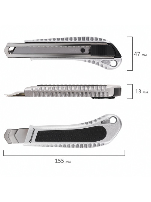 Нож канцелярский 18 мм, КОМПЛЕКТ 2 штуки + 10 ЛЕЗВИЙ, BRAUBERG Metallic, металлический корпус, 273929
