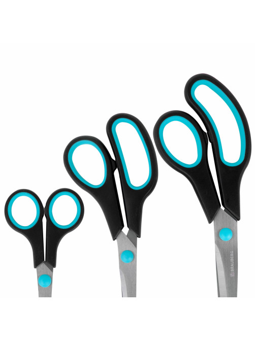 Ножницы BRAUBERG SOFT GRIP, НАБОР 3 штуки (140, 190, 230 мм), эргономичные черно-бирюзовые ручки, ВЫГОДНАЯ УПАКОВКА, 238411