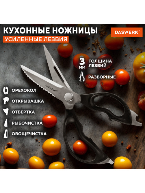 Ножницы кухонные DASWERK (ДАСВЕРК), 230 мм, разборные, с открывашками, зазубренные, 608906