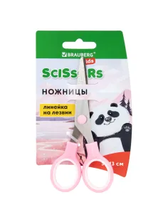 Ножницы BRAUBERG KIDS 130 мм, ручки розовые, закругленные лезвия с линейкой, 274063