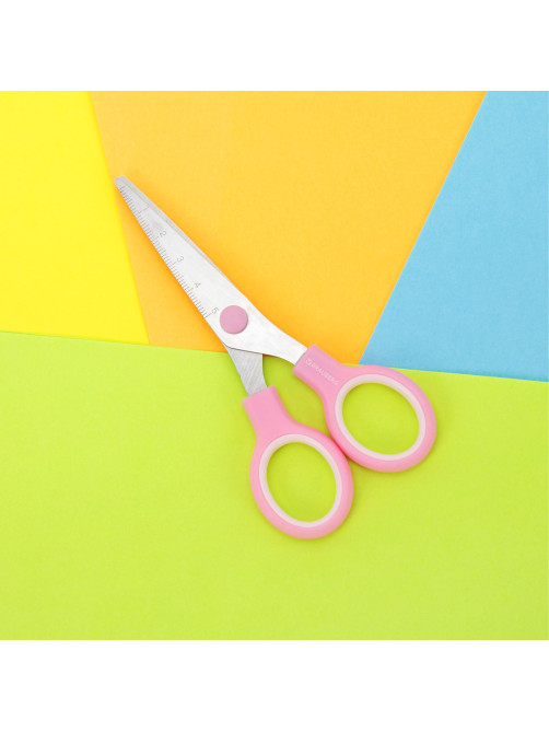 Ножницы BRAUBERG KIDS 130 мм, ручки розовые, закругленные лезвия с линейкой, 274063