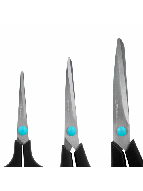 Ножницы BRAUBERG SOFT GRIP, НАБОР 3 штуки (140, 190, 230 мм), эргономичные черно-бирюзовые ручки, ВЫГОДНАЯ УПАКОВКА, 238411