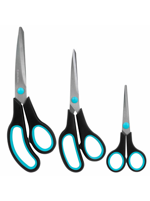 Ножницы BRAUBERG SOFT GRIP, НАБОР 3 штуки (140, 190, 230 мм), эргономичные черно-бирюзовые ручки, ВЫГОДНАЯ УПАКОВКА, 238411