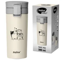 Термокружка 380 мл JOYLUX (ДЖОЙЛЮКС) CLASSIC CAT, нержавеющая сталь SUS304, бежевый с принтом, 700272