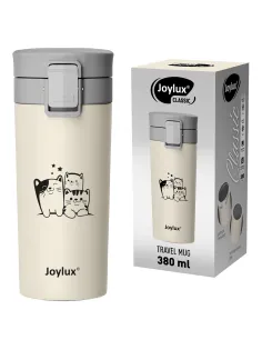 Термокружка 380 мл JOYLUX (ДЖОЙЛЮКС) CLASSIC CAT, нержавеющая сталь SUS304, бежевый с принтом, 700272