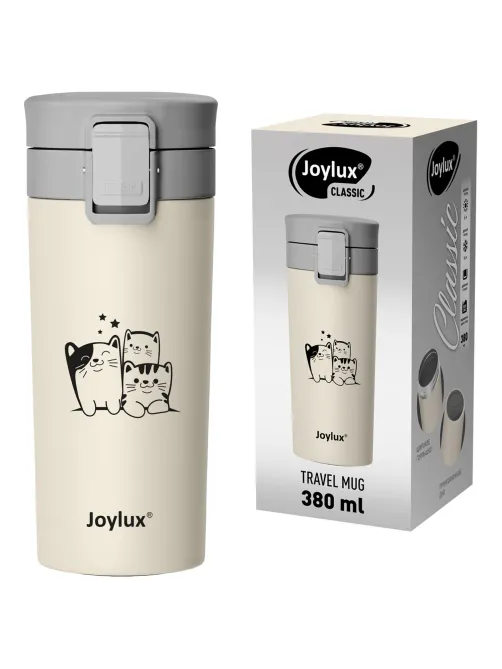Термокружка 380 мл JOYLUX (ДЖОЙЛЮКС) CLASSIC CAT, нержавеющая сталь SUS304, бежевый с принтом, 700272
