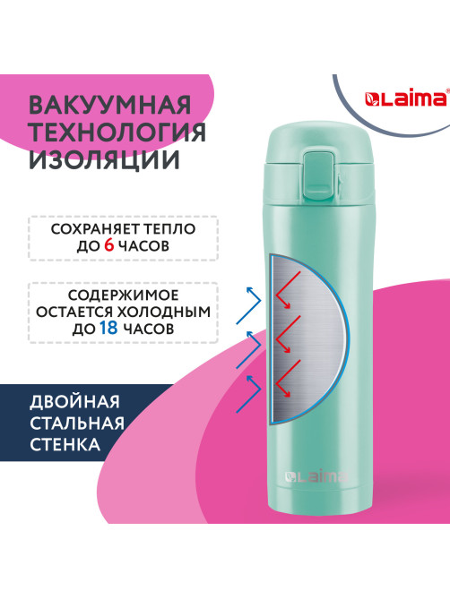 Термокружка 470 мл из нержавеющей стали SUS304, сочно-мятный матовый, LAIMA, 608826