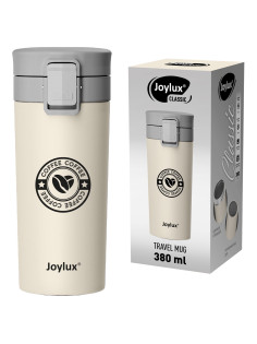Термокружка 380 мл JOYLUX (ДЖОЙЛЮКС) CLASSIC COFFEE, нержавеющая сталь SUS304, бежевый с принтом, 700273