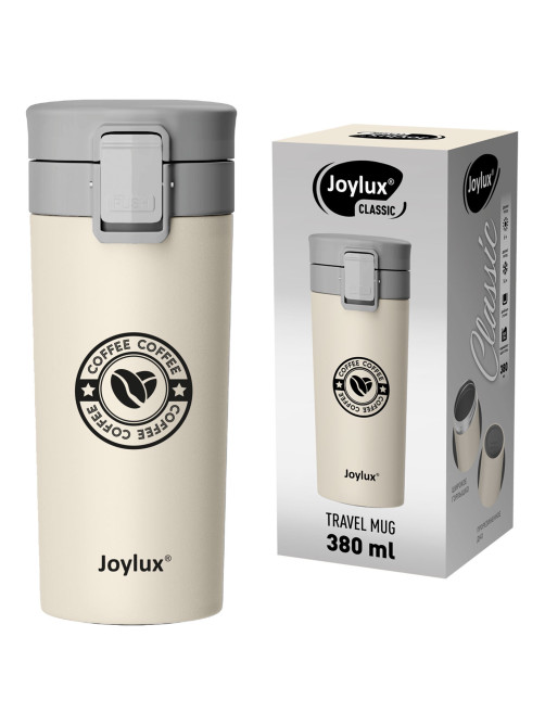 Термокружка 380 мл JOYLUX (ДЖОЙЛЮКС) CLASSIC COFFEE, нержавеющая сталь SUS304, бежевый с принтом, 700273