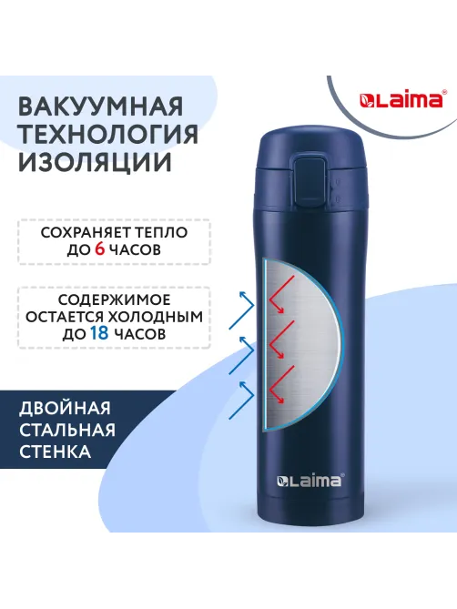 Термокружка 470 мл из нержавеющей стали SUS304, королевский синий матовый, LAIMA, 608079