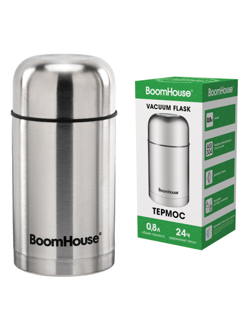 Термос 0,8 л для еды/напитков с широким горлом, BOOMHOUSE (БУМХАУС) WIDE, нержавеющая сталь SUS304, серебристый, 700319