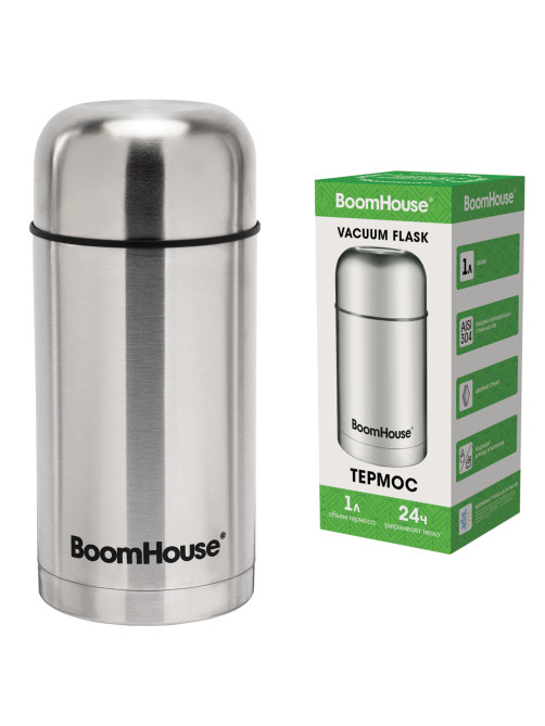 Термос 1 л для еды/напитков с широким горлом, BOOMHOUSE (БУМХАУС) WIDE, нержавеющая сталь SUS304, серебристый, 700320