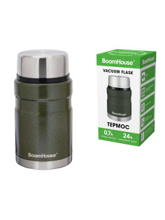 Термос 0,7 л для еды/напитков с широким горлом, BOOMHOUSE (БУМХАУС) RIBBED, нержавеющая сталь SUS304, оливковый, 700321