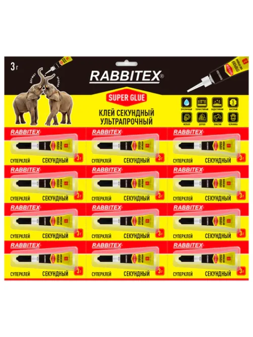 Клей секундный суперклей УЛЬТРАПРОЧНЫЙ, отрывная мультикарта 12 шт., 3 г, RABBITEX (РАББИТЕКС) 