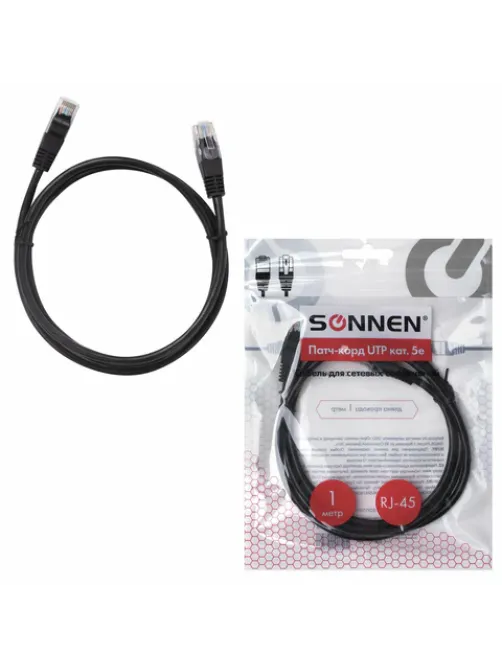 Кабель (патчкорд) UTP 5E категория, RJ-45, 1 м, SONNEN, для подключения Интернета по локальной сети LAN, 513122