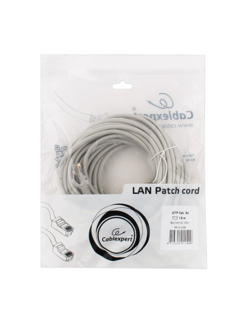 Кабель (патч-корд) UTP 5Е категория, RJ-45, 10 м, CABLEXPERT, для подключения по локальной сети LAN, PP12-10M