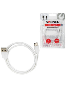 Кабель USB2.0 – Type-C, 1 м, SONNEN, медь, для передачи данных и зарядки, белый, 513558