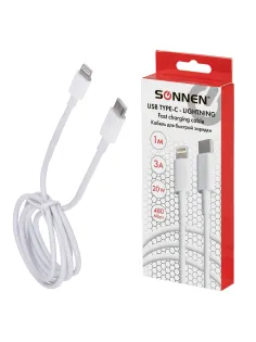 Кабель USB Type-C-Lightning с поддержкой быстрой зарядки, белый, 1 м, SONNEN, медный, 513612