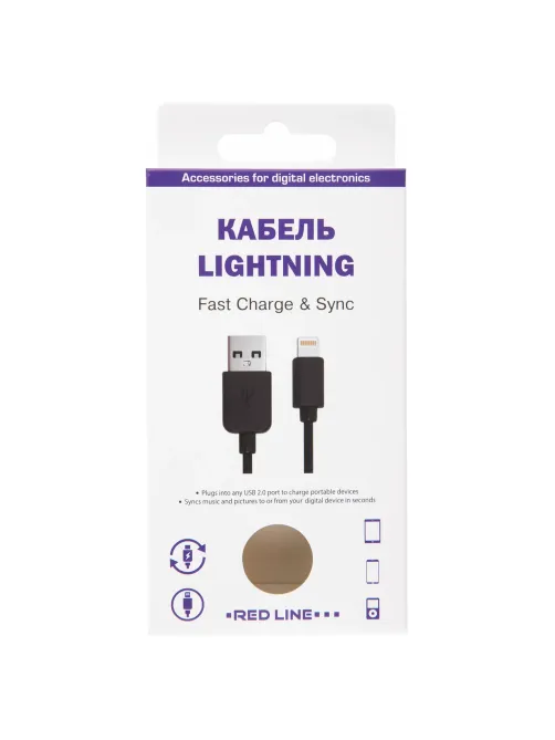Кабель USB 2.0 – Lightning, 1 м, RED LINE, для подключения портативных устройств, черный, УТ000008646