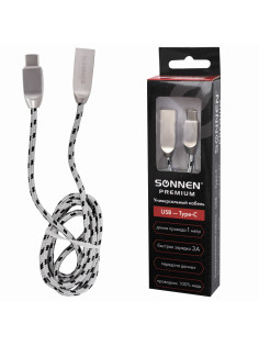 Кабель USB 2.0 – Type-C, 1 м, SONNEN Premium, медь, передача данных и быстрая зарядка, 513127