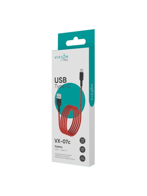 Кабель USB – Type-C, 1 м, VIXION PRO VX-07c, для зарядки и передачи данных, красный, 01239, БП-00000906