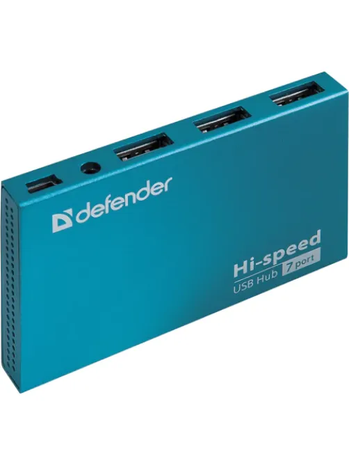 Хаб USB 2.0, 7 портов, порт для питания, синий, DEFENDER SEPTIMA SLIM, 83505