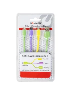 Кабель для зарядки 3 в 1 USB 2.0-Micro USB/Type-C/Lightning, 1 м, SONNEN, медь, 513562