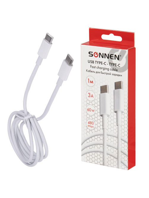 Кабель USB Type-C-Type-C с поддержкой быстрой зарядки, белый, 1 м, SONNEN, медный, 513613