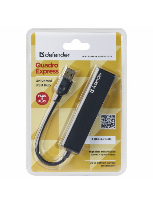 Хаб USB 3.0, 4 порта, черный, DEFENDER QUADRO EXPRESS, 83204