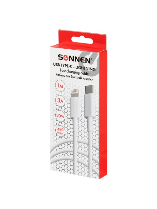 Кабель USB Type-C-Lightning с поддержкой быстрой зарядки, белый, 1 м, SONNEN, медный, 513612
