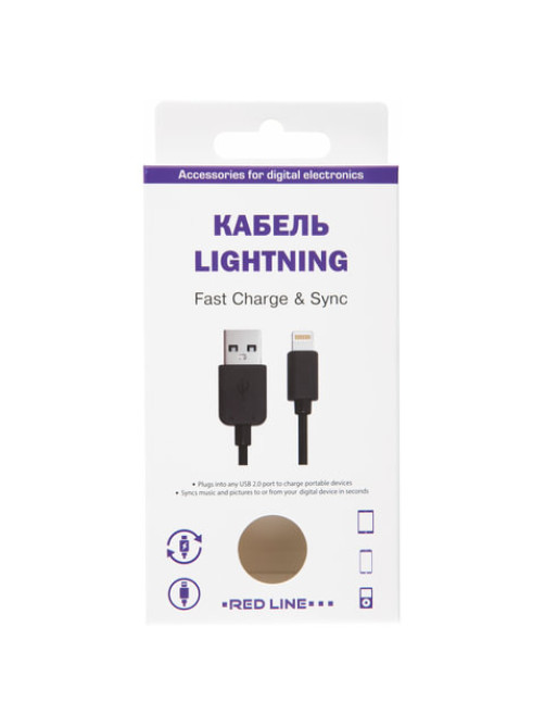Кабель USB 2.0 – Lightning, 1 м, RED LINE, для подключения портативных устройств, черный, УТ000008646