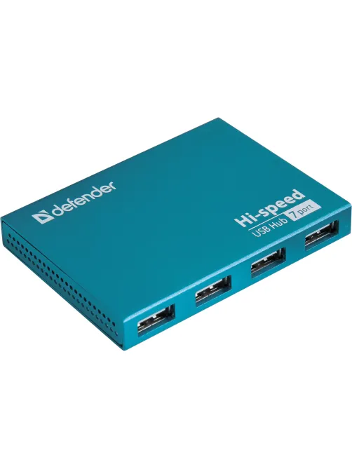 Хаб USB 2.0, 7 портов, порт для питания, синий, DEFENDER SEPTIMA SLIM, 83505
