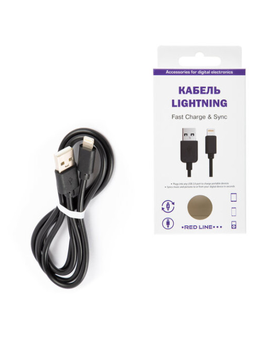 Кабель USB 2.0 – Lightning, 1 м, RED LINE, для подключения портативных устройств, черный, УТ000008646