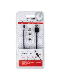 Кабель магнитный для зарядки 3 в 1 USB 2.0-Micro USB/Type-C/Ligtning, 1 м, SONNEN, черный, 513561