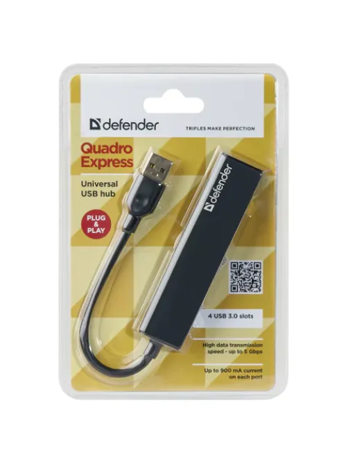 Хаб USB 3.0, 4 порта, черный, DEFENDER QUADRO EXPRESS, 83204