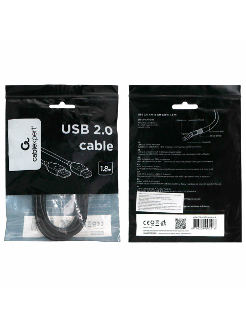 Кабель USB 2.0 AM-AM, 1,8 м, CABLEXPERT, двойной экран, медь, Pro, черный, пакет, CCP-USB2-AMAM-6