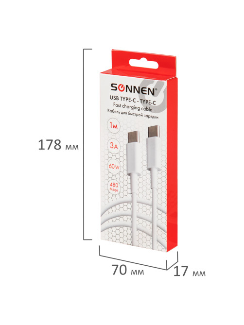 Кабель USB Type-C-Type-C с поддержкой быстрой зарядки, белый, 1 м, SONNEN, медный, 513613